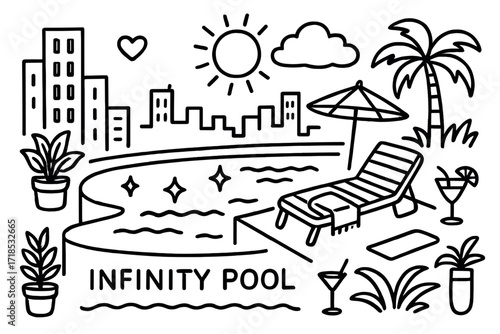 Luxury Rooftop Oasis. Hand-drawn doodle illustration Luxury rooftop infinity pool [infinity pool, skyscraper, sun, cloud, lounge chair, cocktail glass, towel,