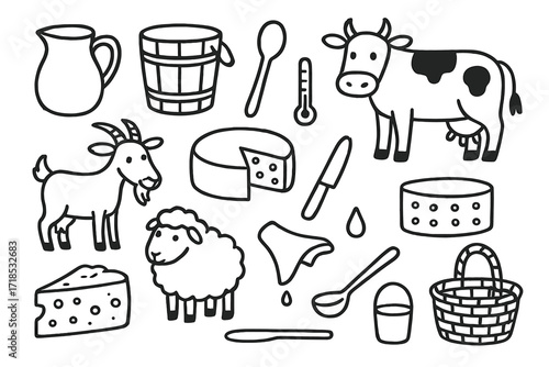 Cheese Making Doodle. Hand-drawn doodle illustration Traditional cheese making milk jug, bucket, churn, cow, goat, sheep, cheese wheel, cheese wedge, stirring