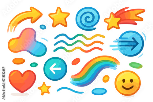 Dynamic Doodle Design. Colorful Hand-drawn doodle Children illustration Dynamic Visual Design curved lines, bouncing shapes, arrows, spiral, abstract blob,