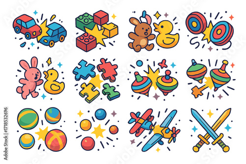 Playful Toy Collision Icons. Colorful isometric vector icons set of toys and objects in playful collision: toy cars mid-crash, building blocks clashing,