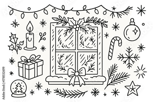 Christmas Window Doodles. Hand-drawn doodle illustration holiday frost window holly, candlelight, Christmas lights, frosty pattern, garland, snowy sill,