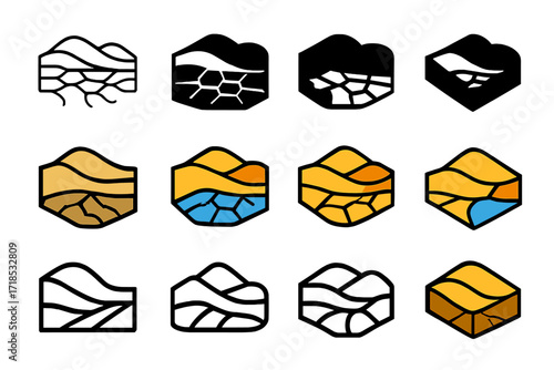 Desert Dunes Logo Grid. Set Logo of Desert Dunes: Cracked dry ground. Logo set in vector style, emblematic variations. line, bold thick line, solid black