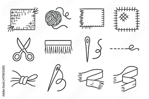 Fabric Fringe Doodles. Hand-drawn doodle illustration Frayed textile edges [thread, loose yarn, cut edge, fabric line, weave pattern, unravel icon, patch,