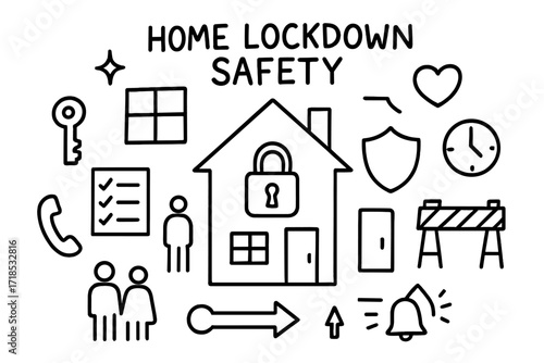 Lockdown Safety Icons. Hand-drawn doodle illustration Home lockdown safety [house, lock, window, door, key, checklist, clock, shield, heart, sparkle, family