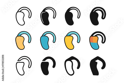 Elderly Care Logo Designs. Set Logo of Elderly Care and Support: Hearing aid. Logo set in vector style, emblematic variations. line, bold thick line, solid