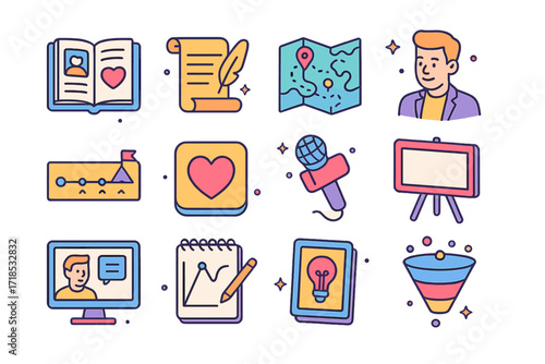 Storytelling Branding Icons. Colorful isometric vector icons set of business branding through storytelling: brand storybook, mission statement scroll, origin