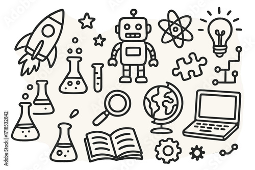 Science Fair Doodles. Hand-drawn doodle illustration Fun science fair rocket, robot, flask, beaker, test tube, magnifying glass, book, globe, atom, puzzle