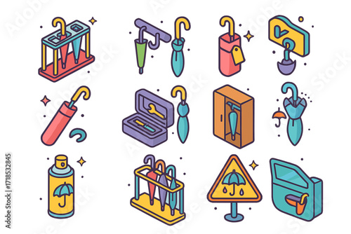 Colorful Umbrella Care Icons. Colorful isometric vector icons set of umbrella storage and care: umbrella drying rack, umbrella wall mount, folded umbrella bag,