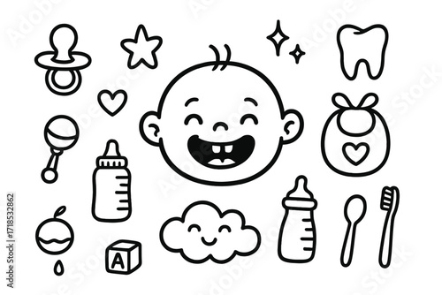 Baby's First Tooth. Hand-drawn doodle illustration Baby smile with first tooth [baby face, tooth, sparkle, heart, star, pacifier, rattle, bottle, bib, spoon,