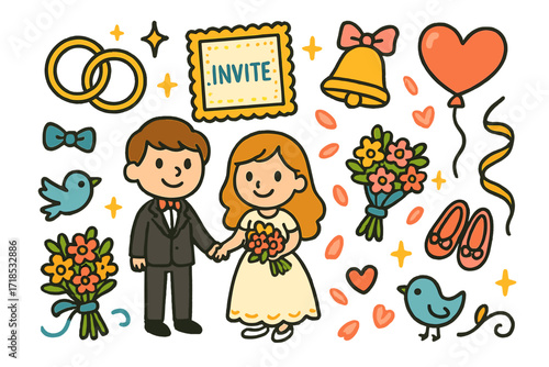 Whimsical Wedding Doodles. Colorful Hand-drawn doodle Children illustration Wedding card illustrations wedding rings, bride and groom, flower petals, bouquet,