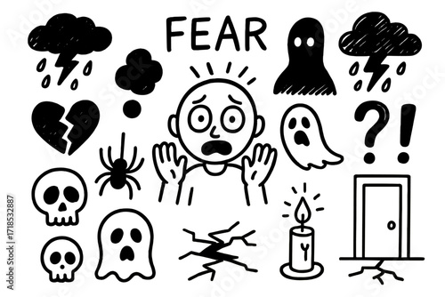 Doodle of Fear Icons. Hand-drawn doodle illustration Fear [scared face, wide eyes, trembling hands, dark cloud, shadow figure, ghost icon, broken heart,