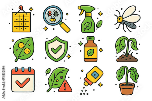 Pest Control Icons Set. Colorful isometric vector icons set of pest control and plant health: yellow sticky trap, magnifier with pests, neem oil spray,