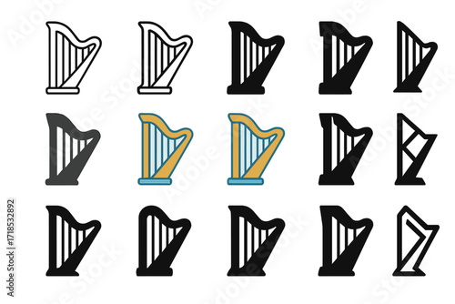 Symphony Harp Logo Designs. Set Logo of Symphony Orchestra: Harp. Logo set in vector style, emblematic variations. line, bold thick line, solid black filled,