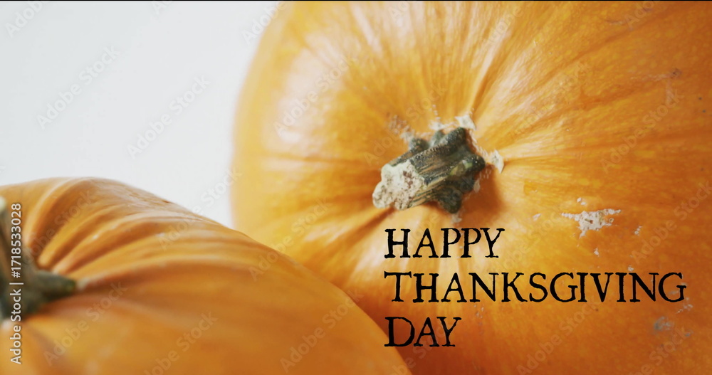 Fototapeta premium Image of happy thanksgiving day text over autumn pumpkins on white background