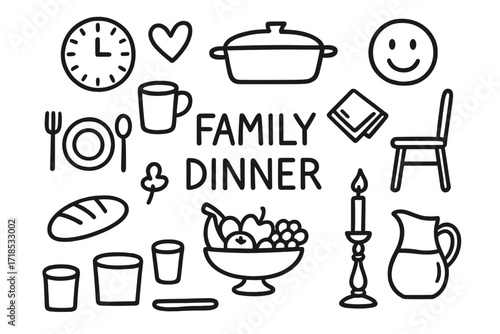 Family Dinner Icons. Hand-drawn doodle illustration [family dinner time] [table, plates, spoon, fork, heart, casserole dish, napkin, cup, smiley face, chair,