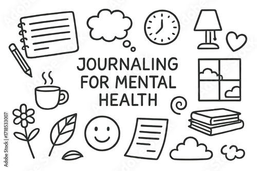 Mental Health Journaling Icons. Hand-drawn doodle illustration Journaling for mental health [notebook, pencil, clock, heart, thought bubble, coffee cup, lamp,