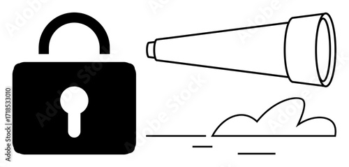 Black lock beside a telescope with abstract clouds. Ideal for security, privacy, exploration, strategy, foresight, surveillance, and navigation. Simple flat metaphor