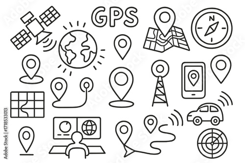 GPS Navigation Doodle. Hand-drawn doodle illustration [global positioning systems (GPS)] [GPS satellite, Earth, signal beams, GPS icon, map pin, route path,