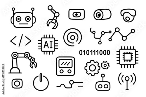 AI Robotics Doodle Art. Hand-drawn doodle illustration AI and robotics [robot face, claw hand, sensor, camera lens, code bracket, AI chip, radar waves, network