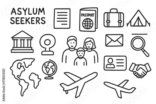Immigration Essentials Doodle Icons. Hand-drawn doodle illustration Asylum seekers and paperwork, documents, passport, suitcase, tent, government building,