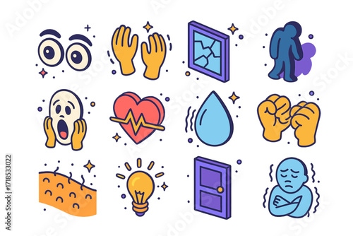Isometric Fear Icons. Colorful isometric vector icons set of Fear: wide eyes, trembling hands, broken mirror, shadowy figure, scream face, heart racing, sweat