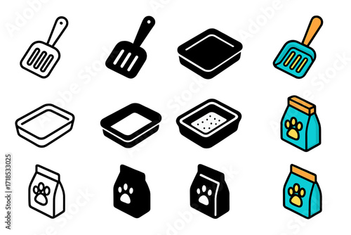 Litter Box Icon Set. Icon Set of Litter Box Cleaning: Litter scoop, Cat litter tray, Fresh litter bag. Icons set in vector style, emblematic variations. Litter