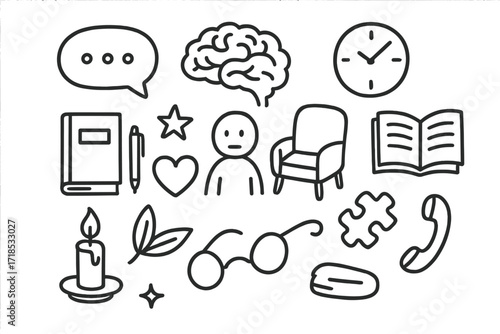Therapy Symbols Doodle. Hand-drawn doodle illustration therapy and counseling chat bubble, brain, heart, notebook, pen, chair, clock, open book, person,