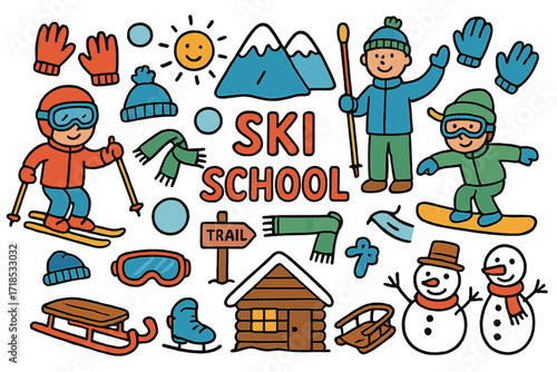 Ski School Fun. Colorful Hand-drawn doodle Children illustration Ski school kids ski, snowboard, mountain, smiling face, instructor, ski poles, gloves, hat,