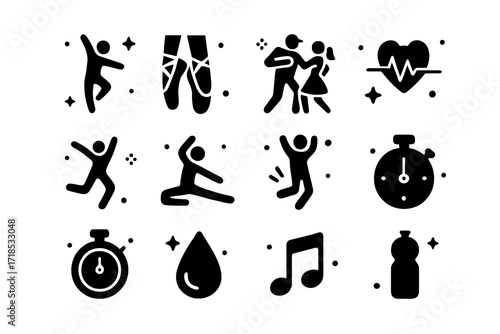 Dance Fitness Icons. Dance and Fitness. Solid icons set of dance and fitness: dancer silhouette, ballet shoes, hip hop pose, salsa couple, zumba