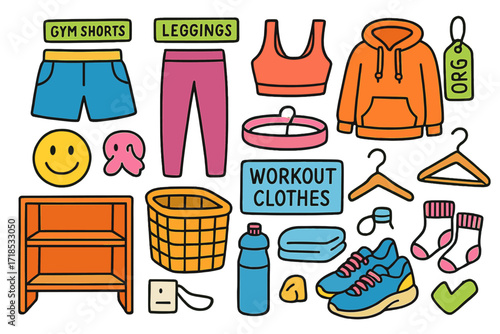 Colorful Gym Gear Doodles. Colorful Hand-drawn doodle Children illustration Organizing Workout Clothes gym shorts, leggings, sports bra, hoodie, socks,