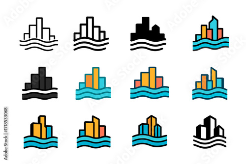 Foggy Skyline Logos. Set Logo of Morning Fog: City skyline in haze. Logo set in vector style, emblematic variations. line, bold thick line, solid black filled,
