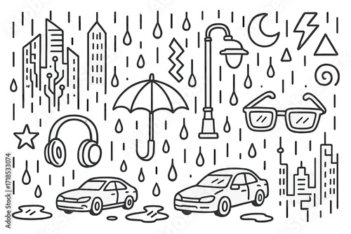 Futuristic Neon Cityscape. Hand-drawn doodle illustration Futuristic neon rain skyscrapers, glowing raindrops, circuit board pattern, neon arrows, umbrella,