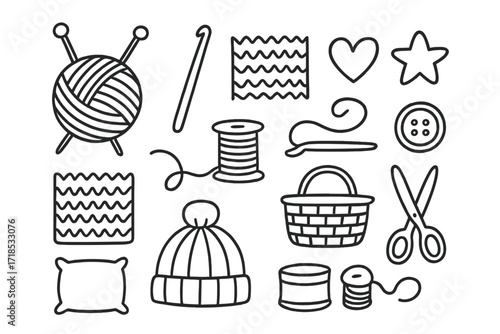 Knitting Doodle Patterns. Hand-drawn doodle illustration Knitting practice patterns [yarn ball, knitting needles, crochet hook, zigzag swatch, heart motif,