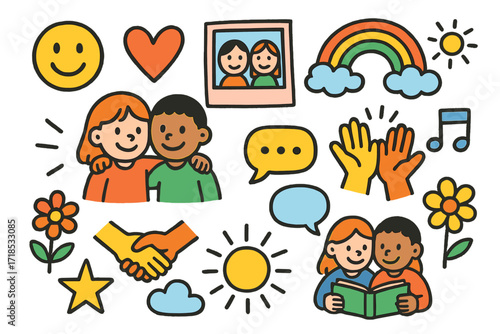 Children's Friendship Doodles. Colorful Hand-drawn doodle Children illustration Friendship and Bonding two friends, smiley face, heart, high five, photo frame,