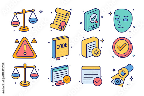 Media Ethics Icons. Colorful isometric vector icons set of media ethics and responsibility: scales of fairness, journalist oath scroll, fact-check stamp,