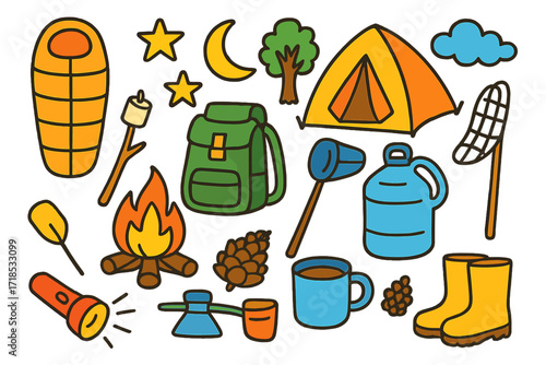 Camping Doodle Adventure. Colorful Hand-drawn doodle Children illustration Outdoor Camping sleeping bag, backpack, campfire, stars, moon, tent, marshmallow