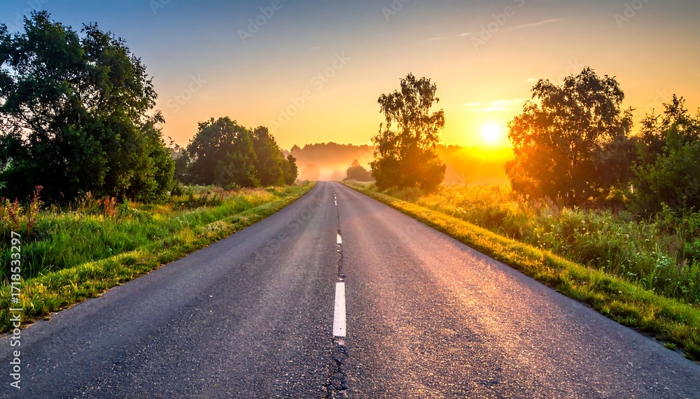 Fototapeta premium Sunrise road through a misty landscape