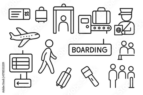 Airport Security Icons. Hand-drawn doodle illustration airport checkpoint boarding pass, security gate, metal detector, conveyor belt, X-ray machine, luggage