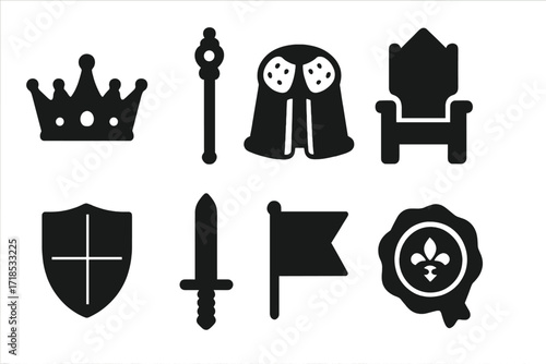 Royalty Icon Set. Solid, filled icon set of royal bloodline: crown, scepter, royal robe, throne, shield, knight?s sword, banner, royal seal. Solid, filled