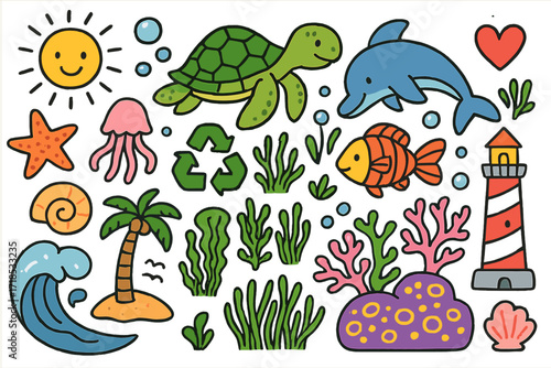 Turtle Habitat Doodle. Colorful Hand-drawn doodle Children illustration Safe habitats for turtles [sea turtle, coral reef, seagrass, fish, dolphin, jellyfish,