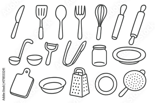 Kitchen Utensils Doodle. Hand-drawn doodle illustration Kitchen Utensils butter knife, spatula, spoon, fork, whisk, rolling pin, ladle, peeler, tongs, grater,