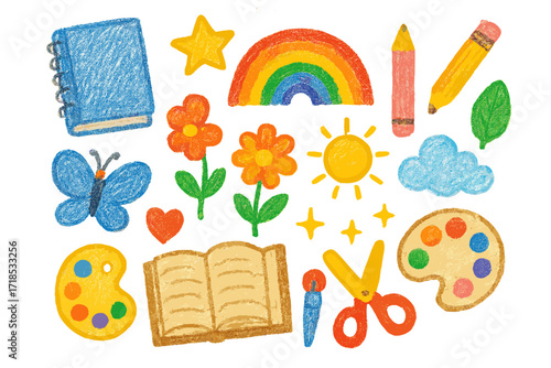 Colorful Children's Doodle Icons. Colorful Hand-drawn doodle Children illustration Textured Paper Art [notebook, pencil, crayon, palette, rainbow, star, sun,
