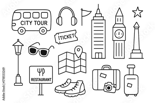 City Tour Doodles. Hand-drawn doodle illustration guided city excursion bus, headphones, ticket, guide flag, skyscraper, clock tower, monument, street lamp,