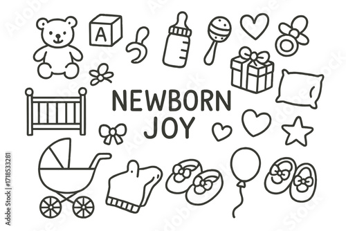 Newborn Essentials Doodle. Hand-drawn doodle illustration Newborn joy teddy bear, toy block, bottle, pacifier, rattle, crib, stroller, blanket, baby shoes,