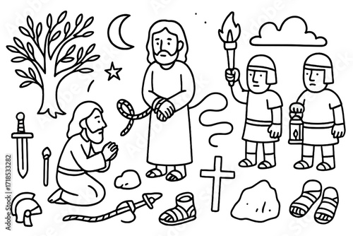 Jesus' Arrest Doodle. Hand-drawn doodle illustration Jesus arrested olive tree, soldiers, rope, sword, shield, helmet, lantern, torch, kneeling figure, star,