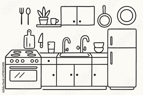 Cozy Kitchen Doodle. Hand-drawn doodle illustration Designing a cozy and functional kitchen Stove, Oven, Refrigerator, Sink, Cabinet, Shelf, Plant, Cutting