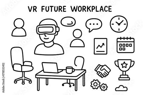 VR Workplace Illustration. Hand-drawn doodle illustration VR future workplace VR headset, avatar, laptop, desk, chair, coffee mug, document, chart, speech