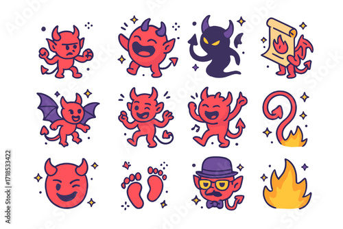 Mischievous Devils Icons. Colorful isometric vector icons set of mischievous devils: tiny imp, laughing devil, sneaky shadow, devil with contract, flying bat