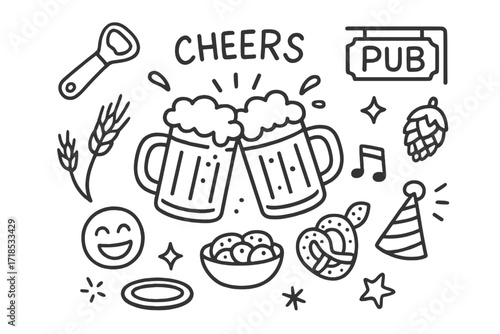Cheers Doodle Icons. Hand-drawn doodle illustration [Cheers with beer mugs] [beer mugs clinking, foam, bottle opener, pub sign, cheers text, barley, hop cone,