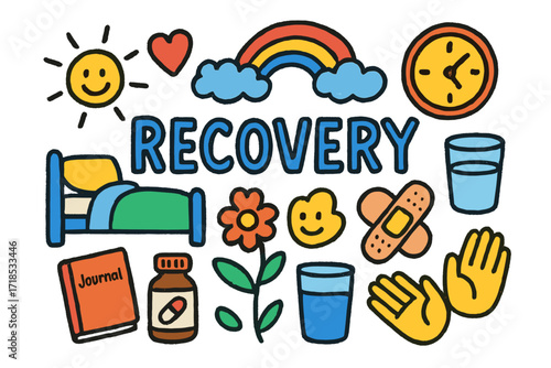 Healing Journey Doodles. Recovery. Colorful Hand-drawn doodle Children illustration Recovery bed, heart, smiley face, flower, pill bottle, water glass,
